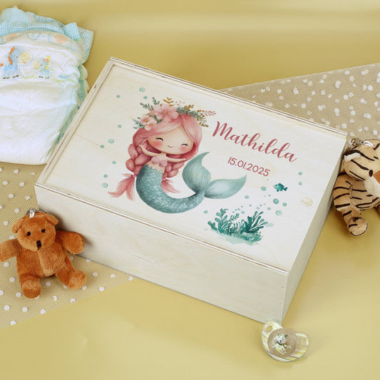 Erinnerungsbox mit Meerjungfrau, Wunschname und Geburtsdatum