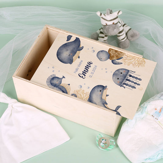 Erinnerungsbox mit Meerestieren, Wunschname und Geburtsdatum