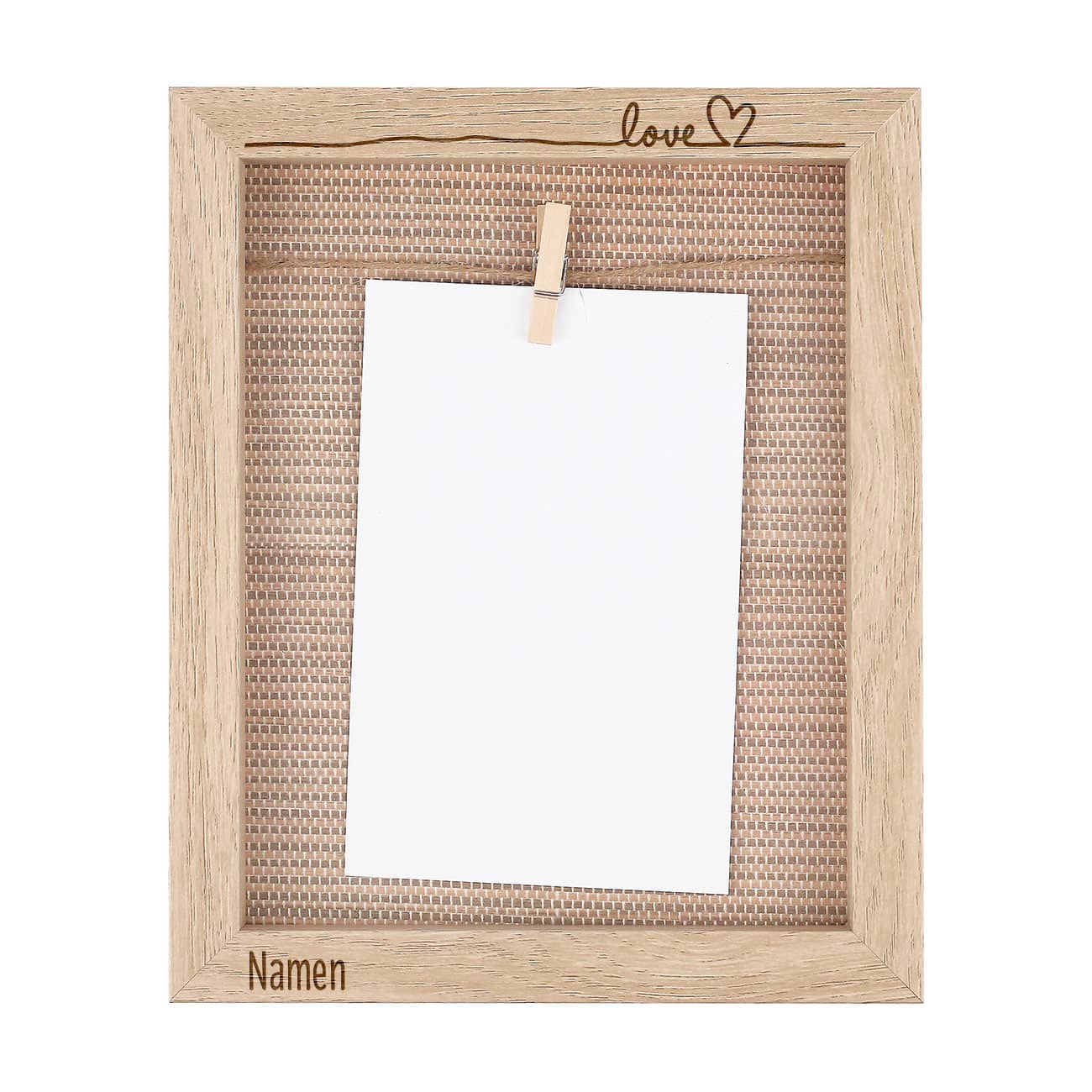 Bilderrahmen aus Holz mit persönlicher Gravur, Leine und Holzklammer 