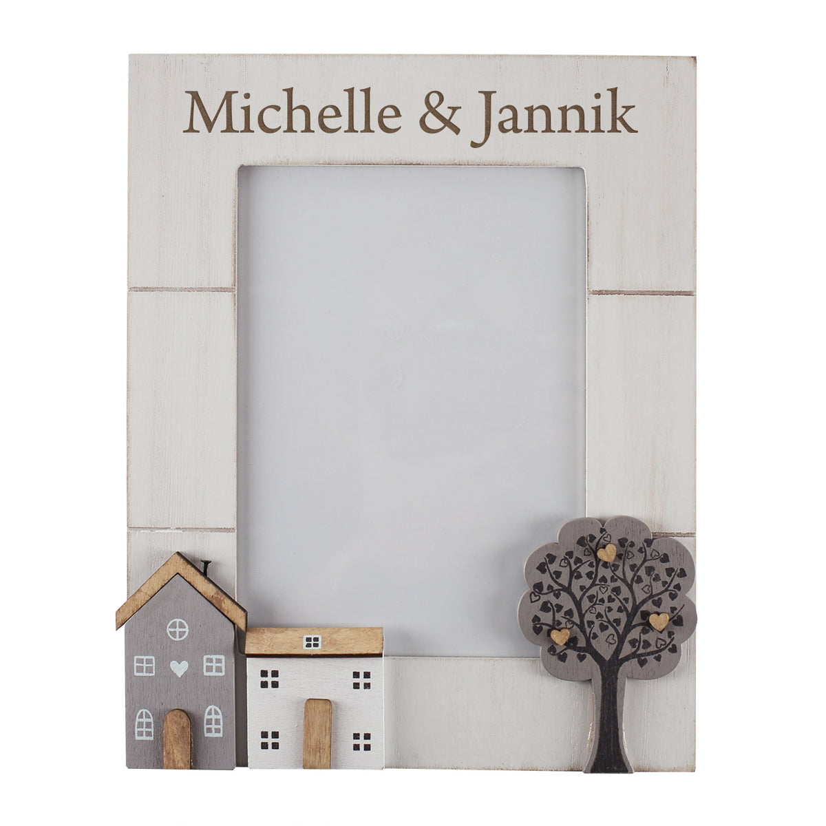Großer Holz Bilderrahmen mit Gravur Michelle & Jannik für 13 × 18 cm Foto