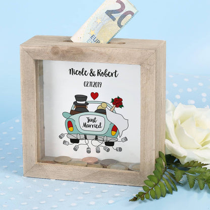 Bilderrahmenspardose mit Holzrahmen zur Hochzeit mit "Just Married" Motiv 