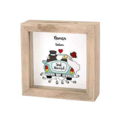 persönliche Bilderrahmenspardose zur Hochzeit mit Holzrahmen und Wunschangaben