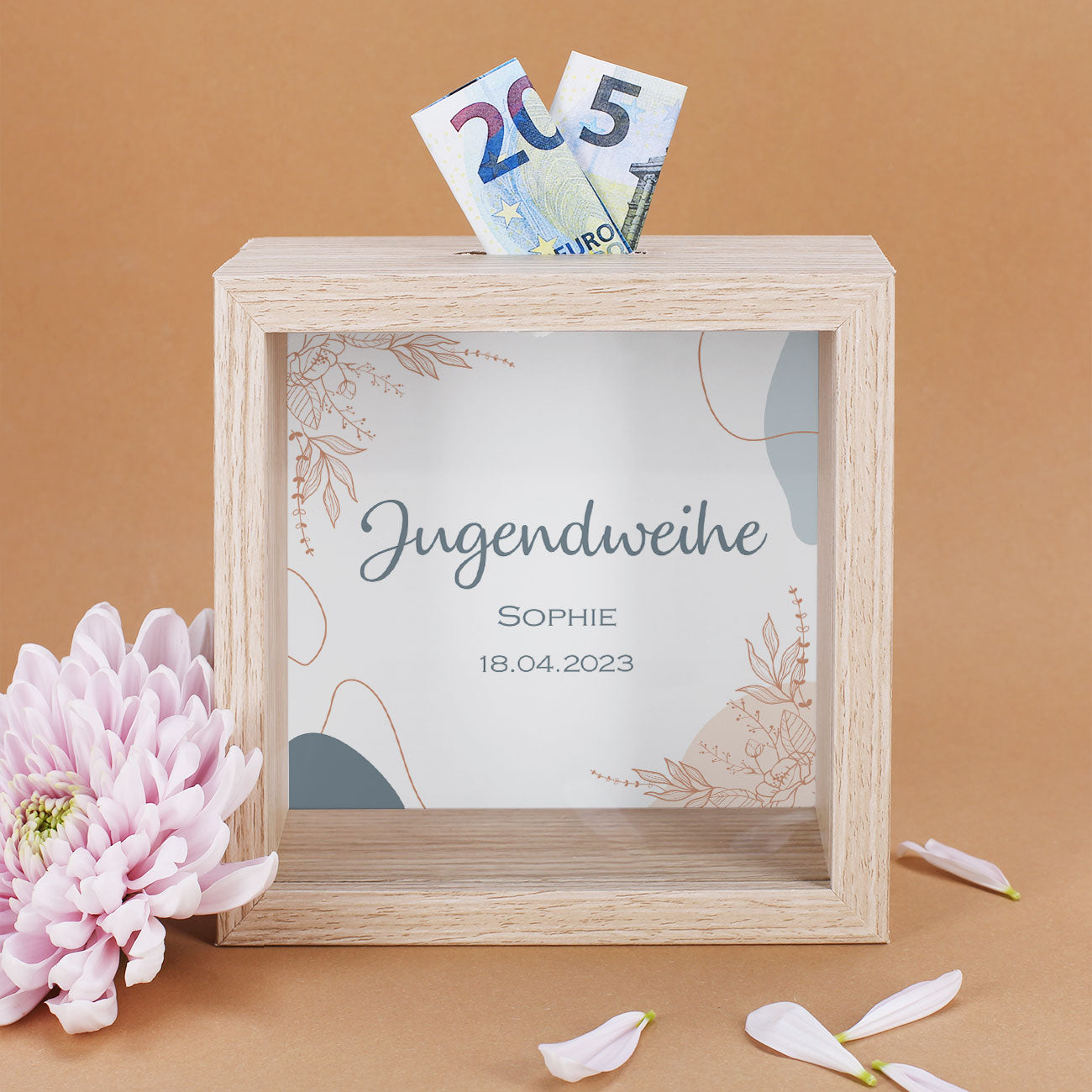 Bilderrahmenspardose mit Wunschname und Datum Ihrer Wahl