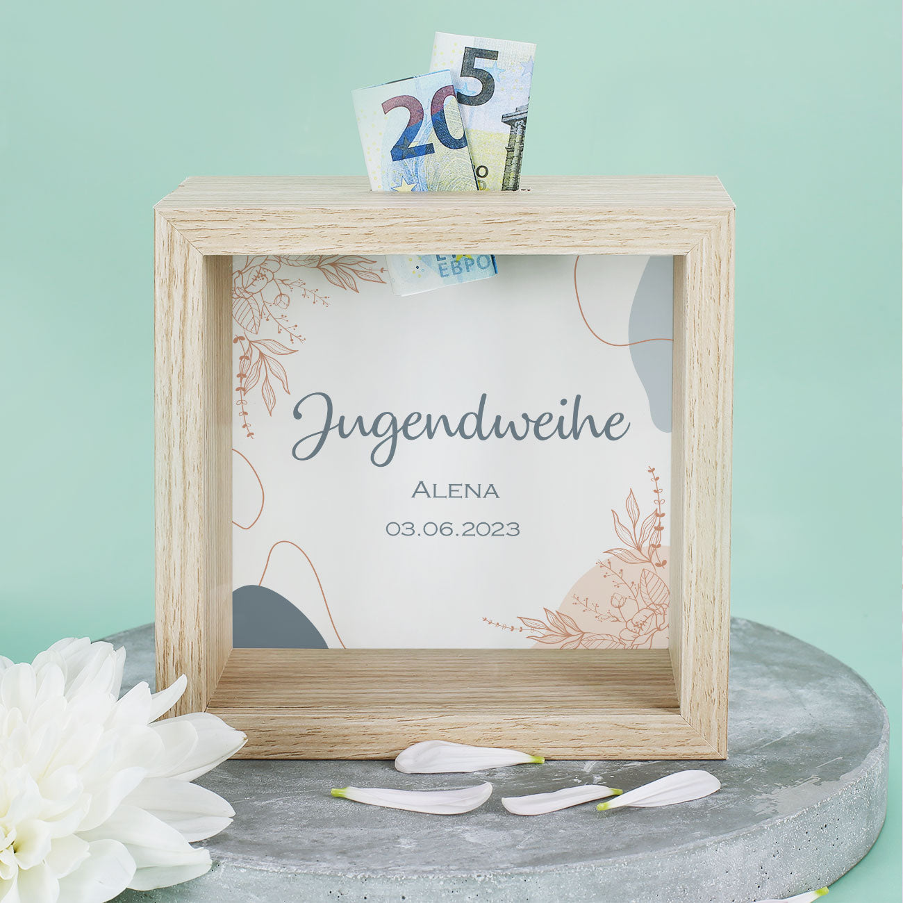 Bilderrahmenspardose mit Name und Datum der Feier