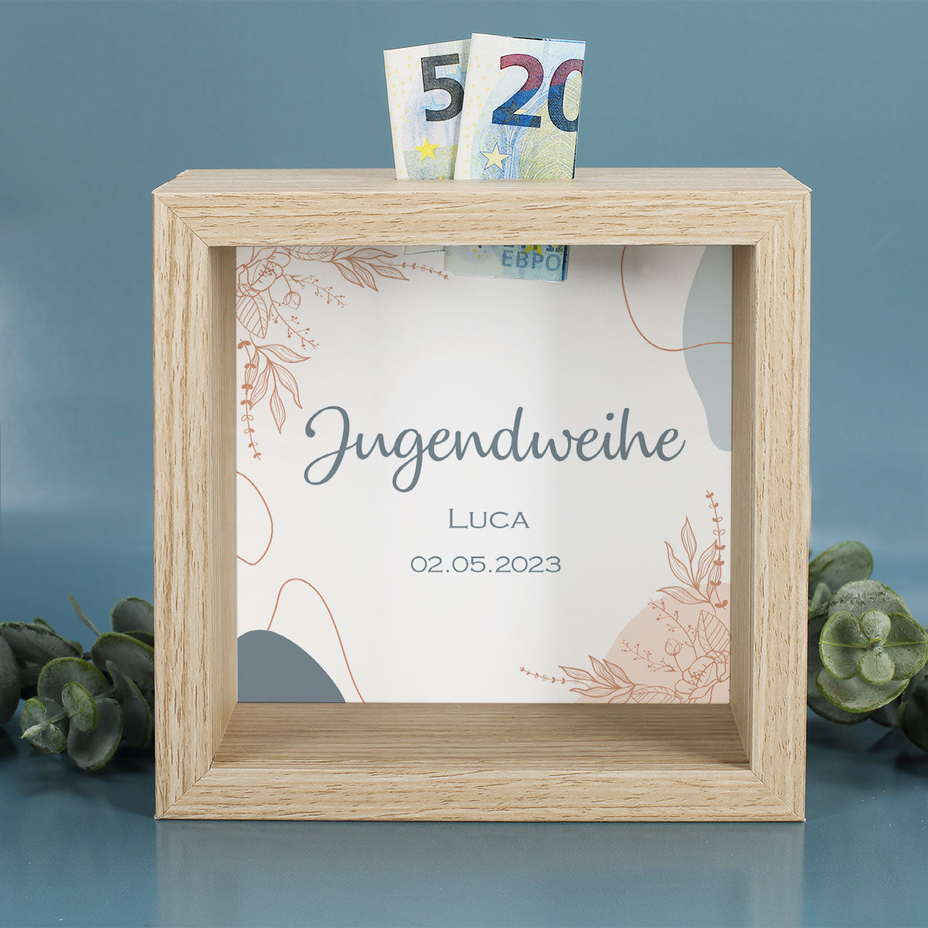 Personalisierte Spardose zur Jugendweihe mit Naturrahmen