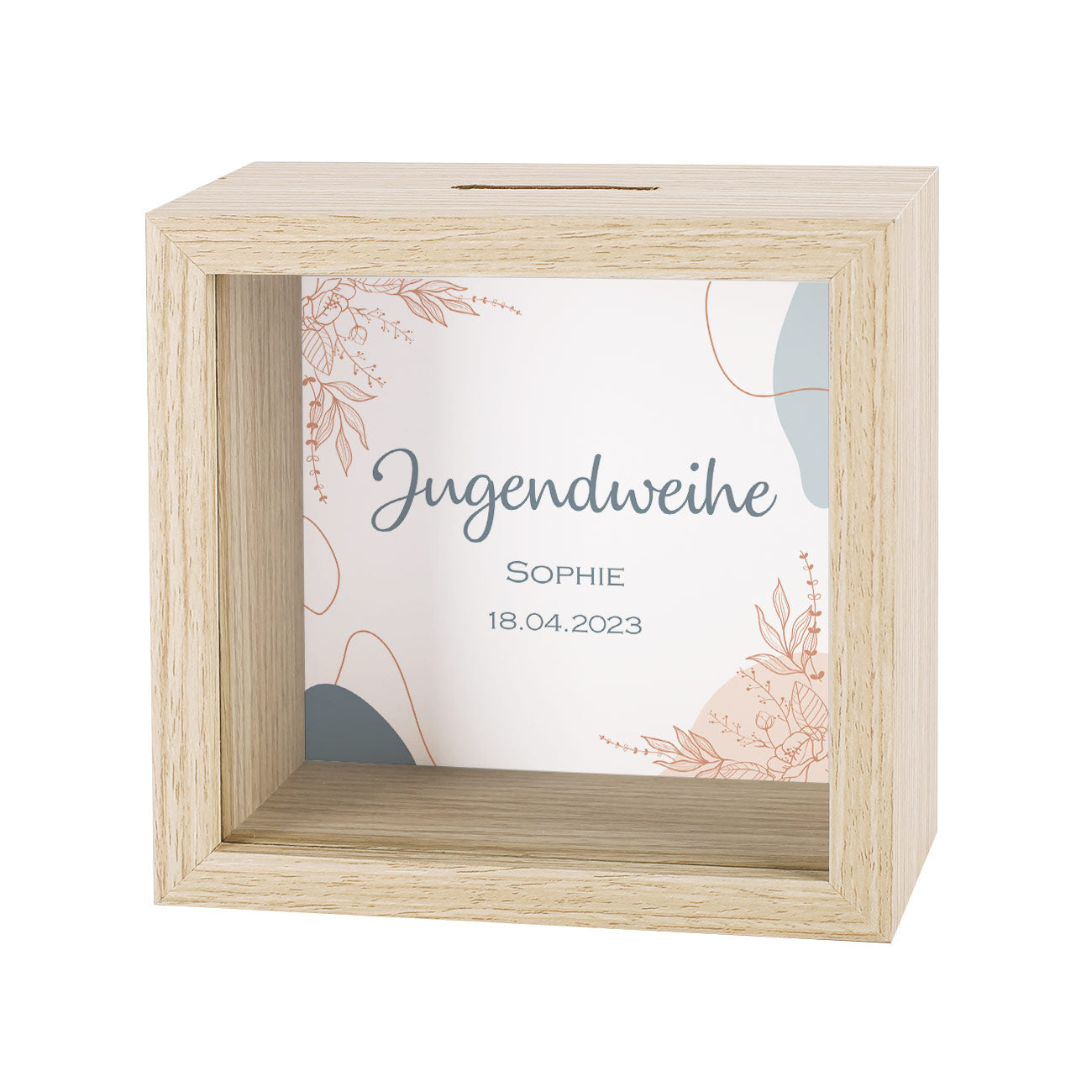 Bilderrahmenspardose mit Wunschname und Datum