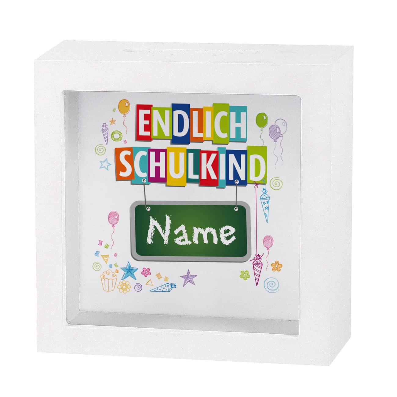Endlich Schulkind - Bilderrahmen Spardose mit Name