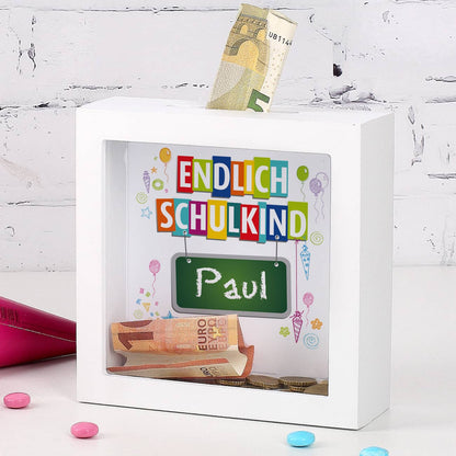 Endlich Schulkind - Bilderrahmen Spardose mit Name