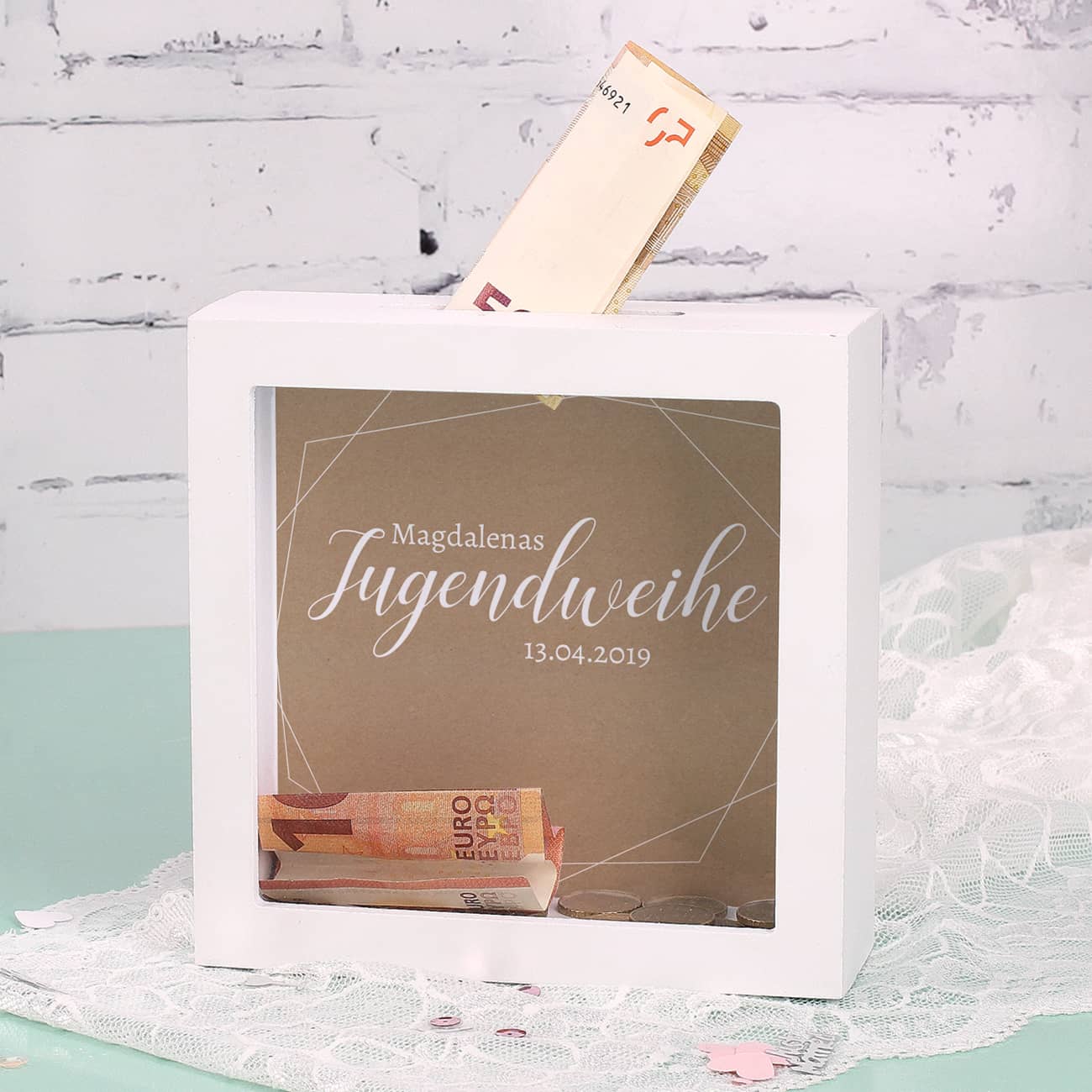 Bilderrahmen Spardose zur Jugendweihe mit Name und Datum