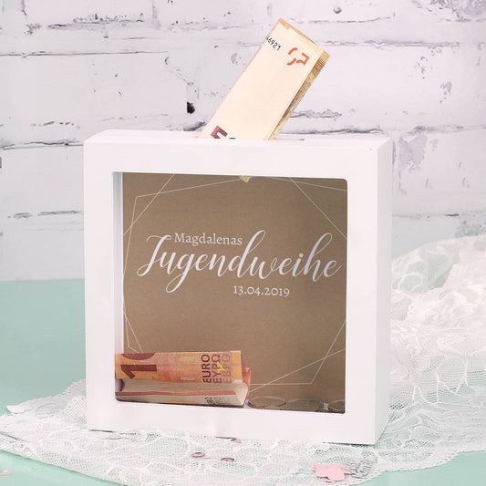 Bilderrahmen Spardose zur Jugendweihe mit Name und Datum