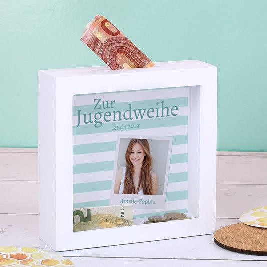 Bilderrahmen-Spardose zur Jugendweihe mit Foto, Name und Datum der Feier