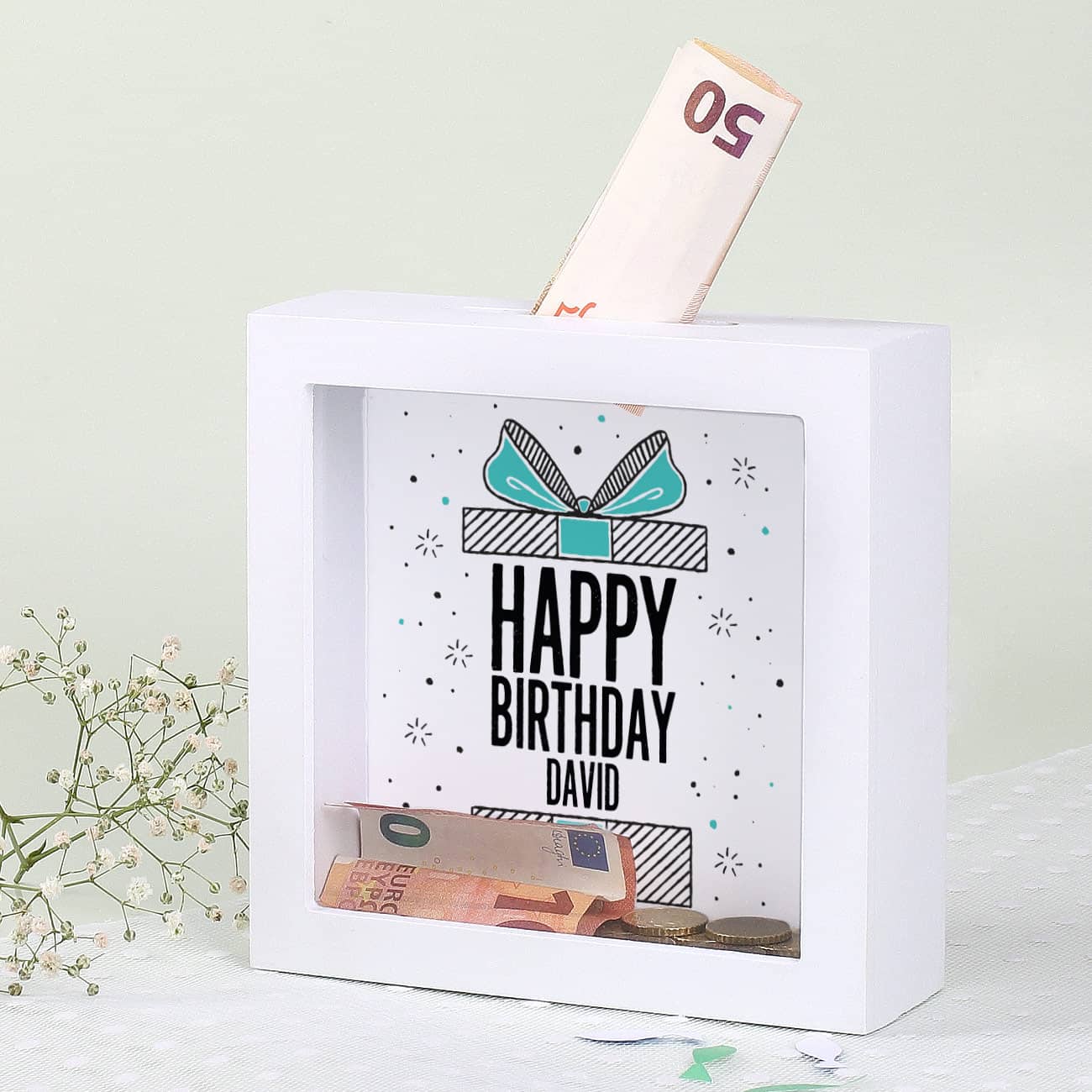 Weiße Bilderrahmen Spardose zum Geburtstag
