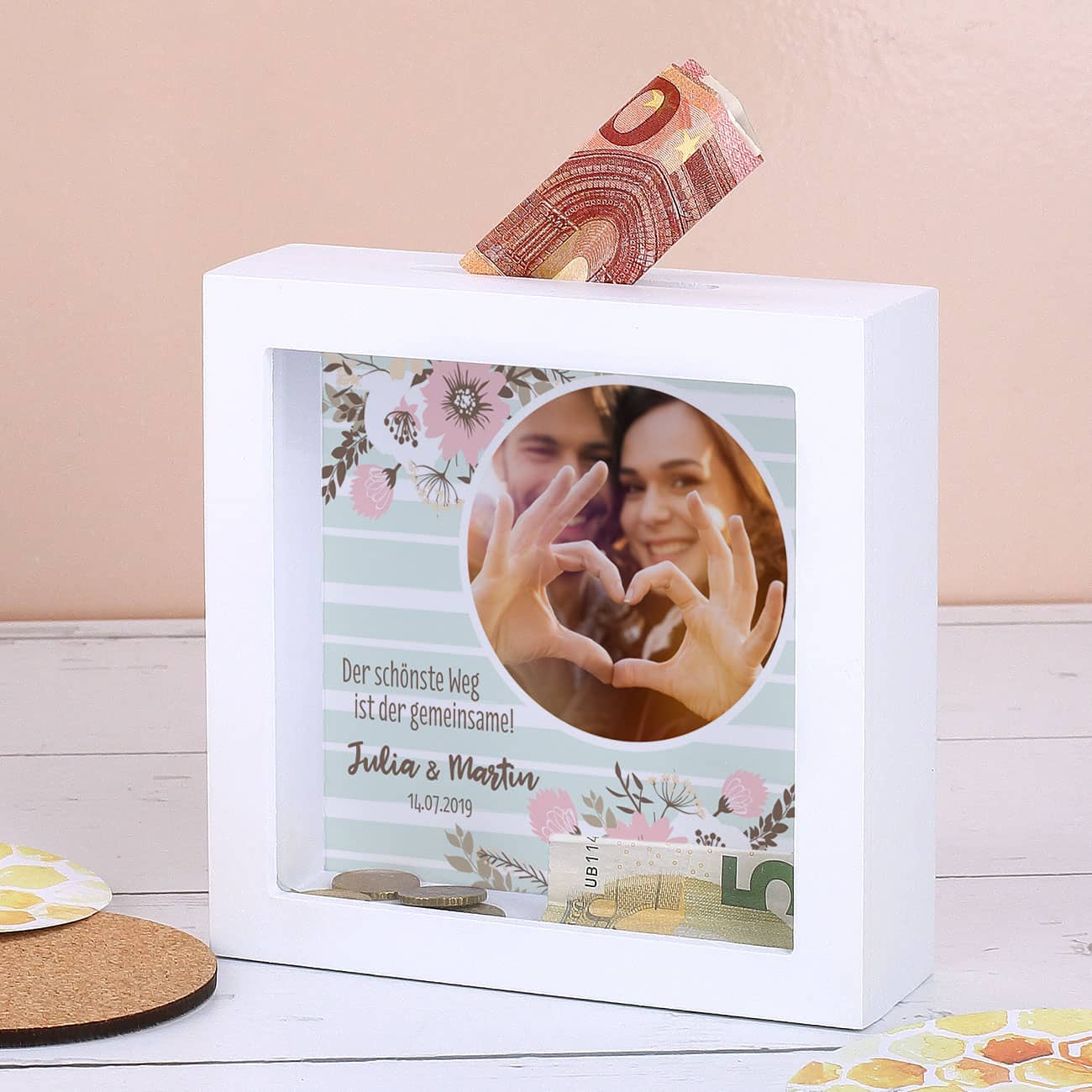 Bilderrahmen Spardose als Geschenk zur Hochzeit mit Foto, Namen und Datum