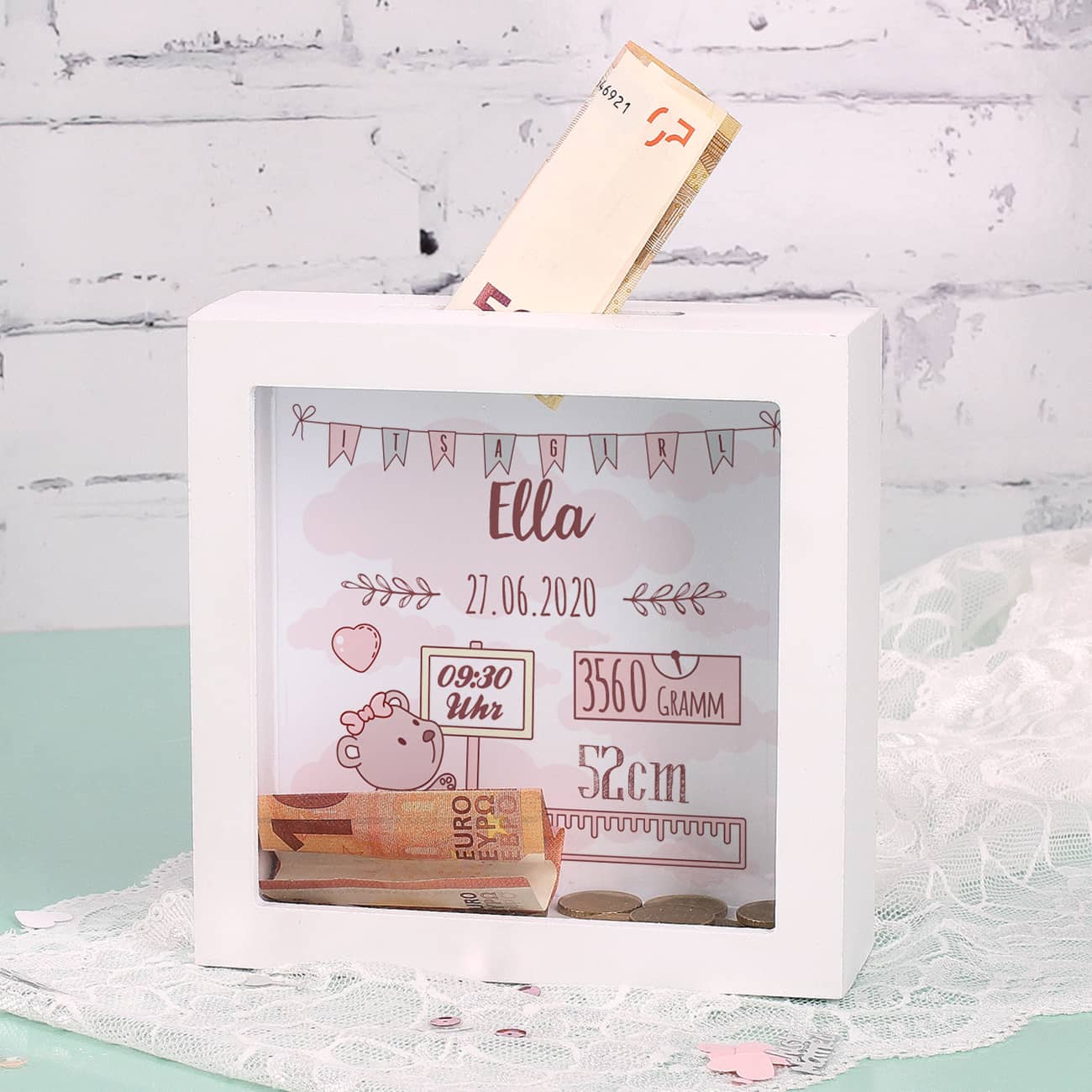 Bilderrahmenspardose zur Geburt mit Teddymotiv für Mädchen