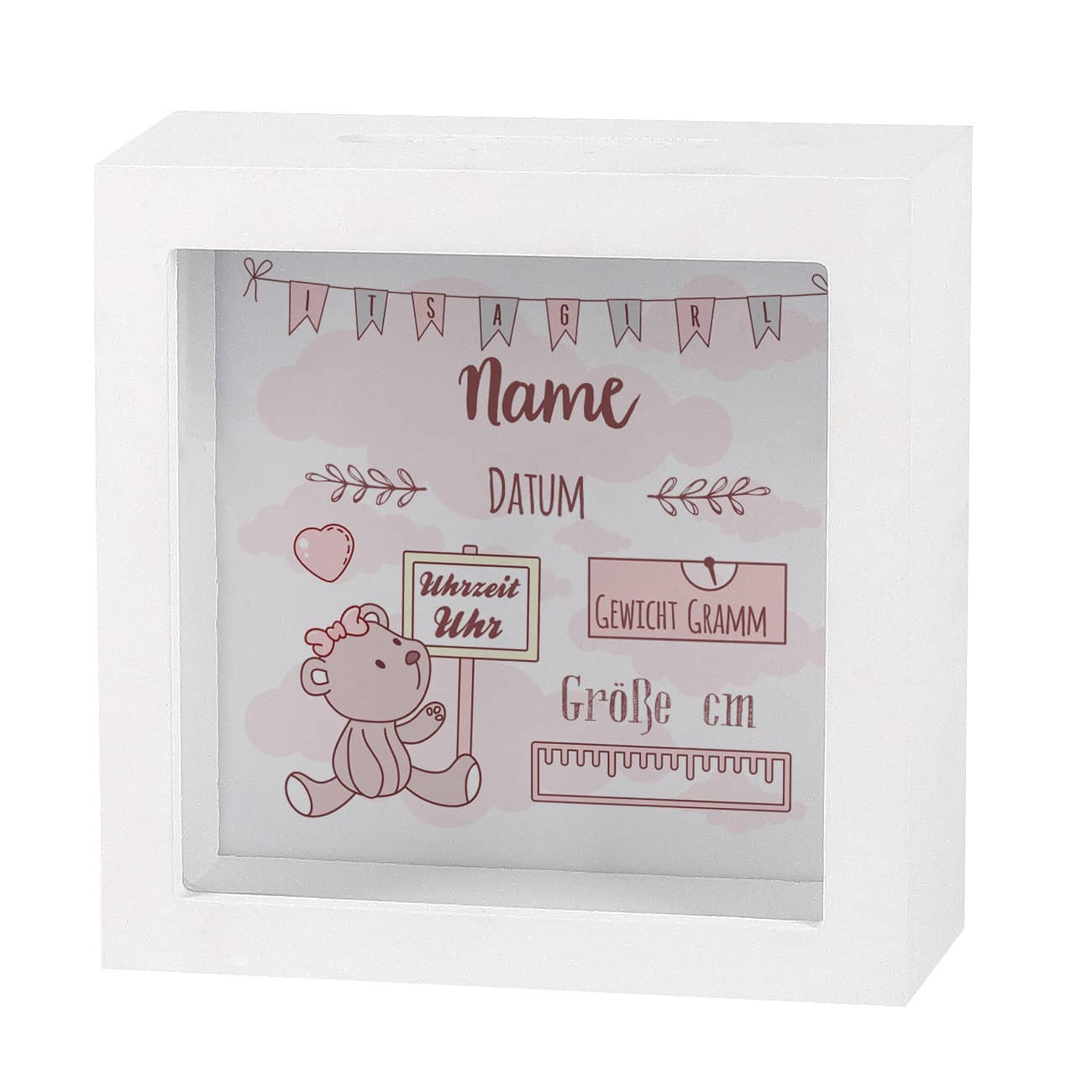 Bilderrahmenspardose zur Geburt mit Teddymotiv für Mädchen