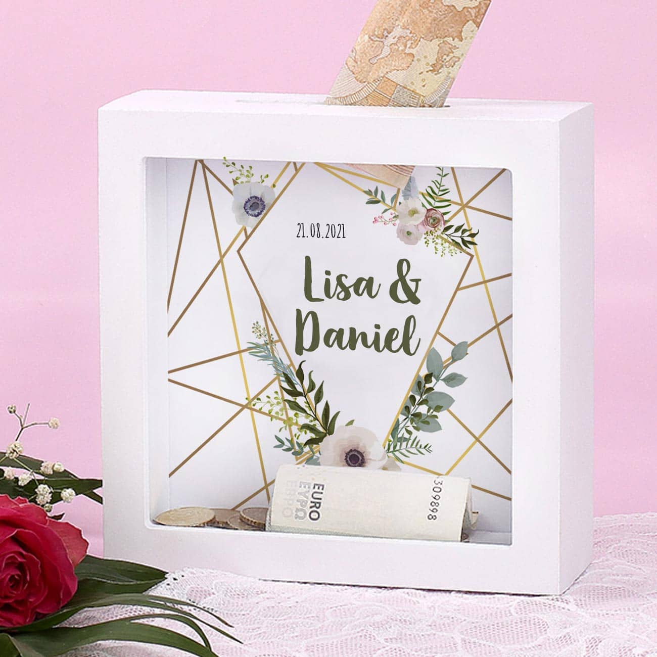 persönliche Bilderrahmen-Spardose als Geldgeschenk zur Hochzeit