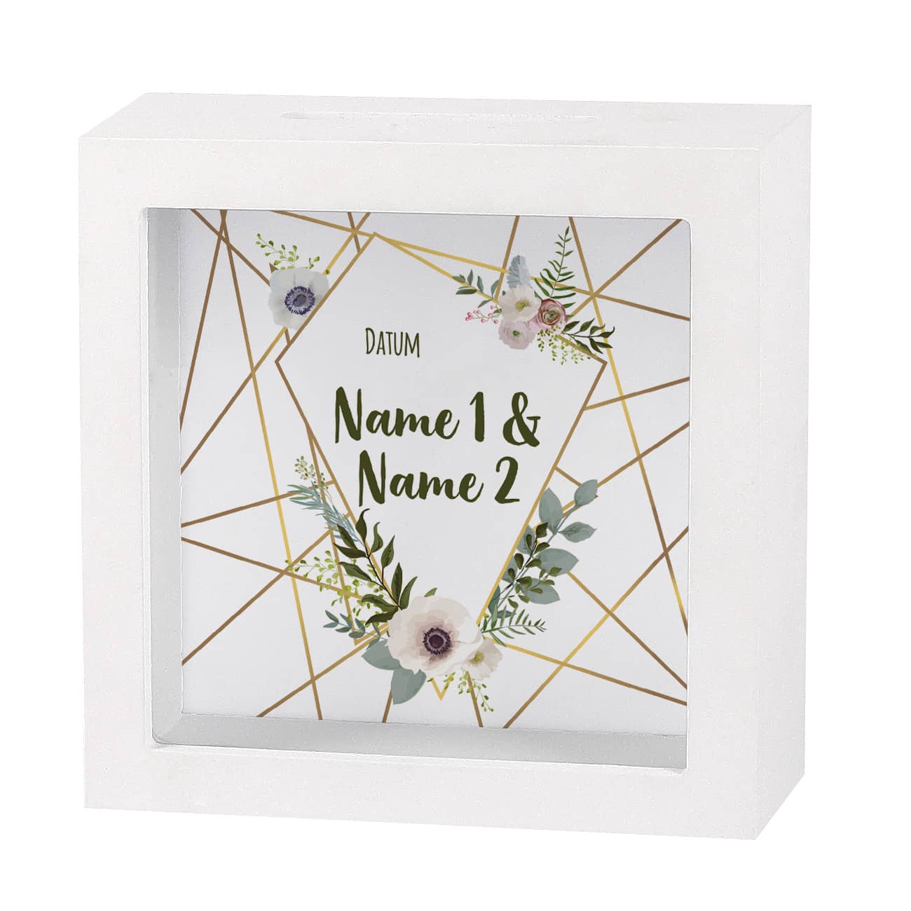 Bilderrahmen Spardose mit Watercolor Blüten und Wunschtext