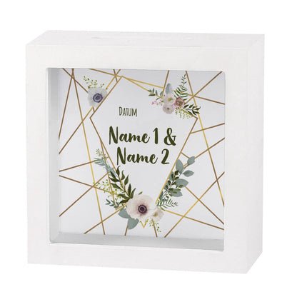 Bilderrahmen Spardose mit Watercolor Blüten und Wunschtext