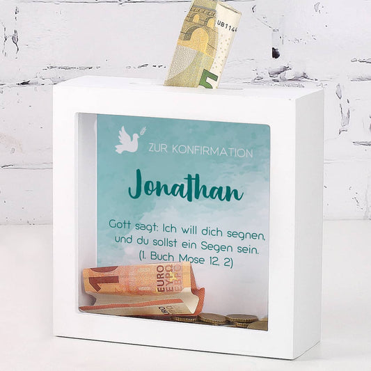 Bilderrahmen Spardose zur Konfirmation mit Name und Wunschtext in türkis