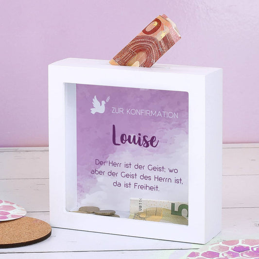 Bilderrahmen Spardose zur Konfirmation mit Name und Wunschtext in violett