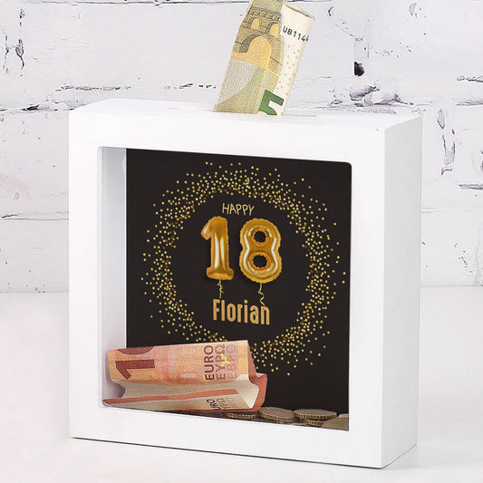 Happy 18 - Bilderrahmen-Spardose zum Geburtstag mit Name, 15x15cm