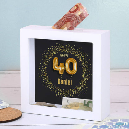 Happy 40 - Bilderrahmenspardose zum 40. Geburtstag mit Name, 15x15cm