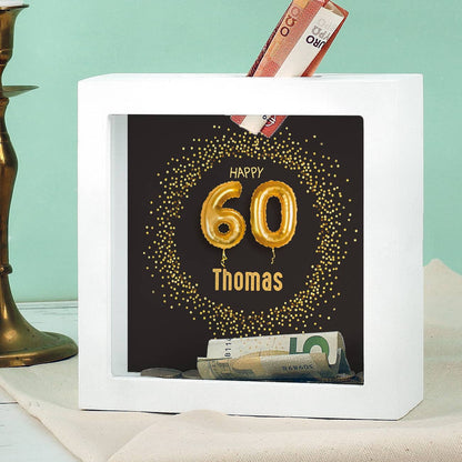 Happy 60 - Bilderrahmen Spardose zum 60. Geburtstag mit Name, 15x15cm