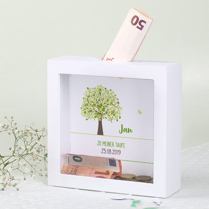 Weiße Bilderrahmen Spardose mit grünem Lebensbaum