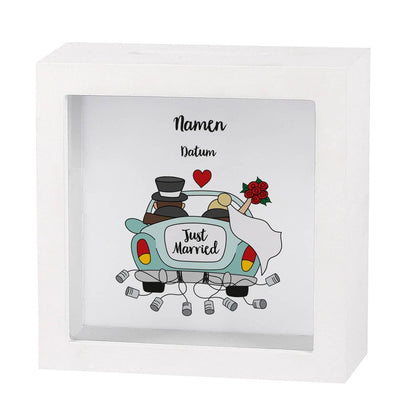 persönliche Bilderrahmenspardose zur Hochzeit in Weiss mit Wunschangaben