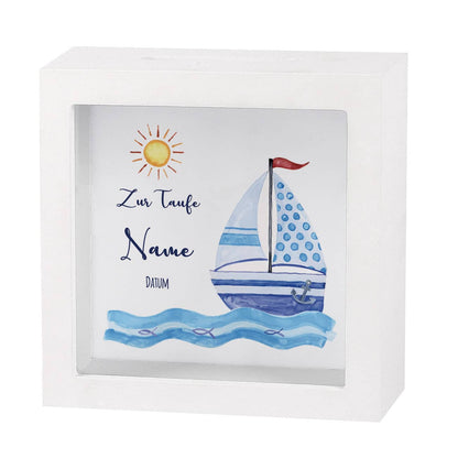 Bilderrahmen Spardose mit Segelboot, Name, Datum zur Taufe