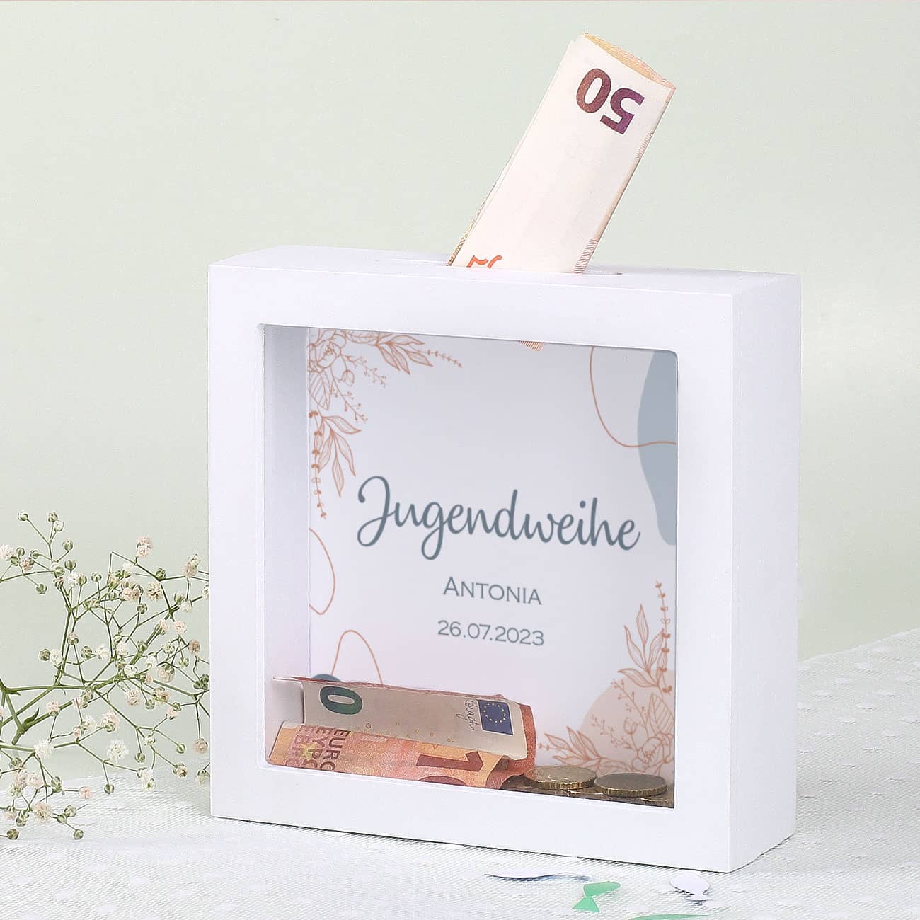 Bilderrahmenspardose zur Jugendweihe mit Name und Datum