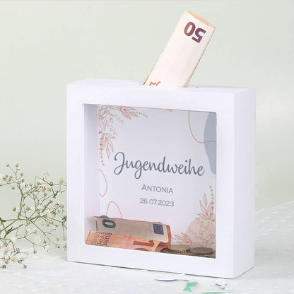 Bilderrahmenspardose zur Jugendweihe mit Name und Datum