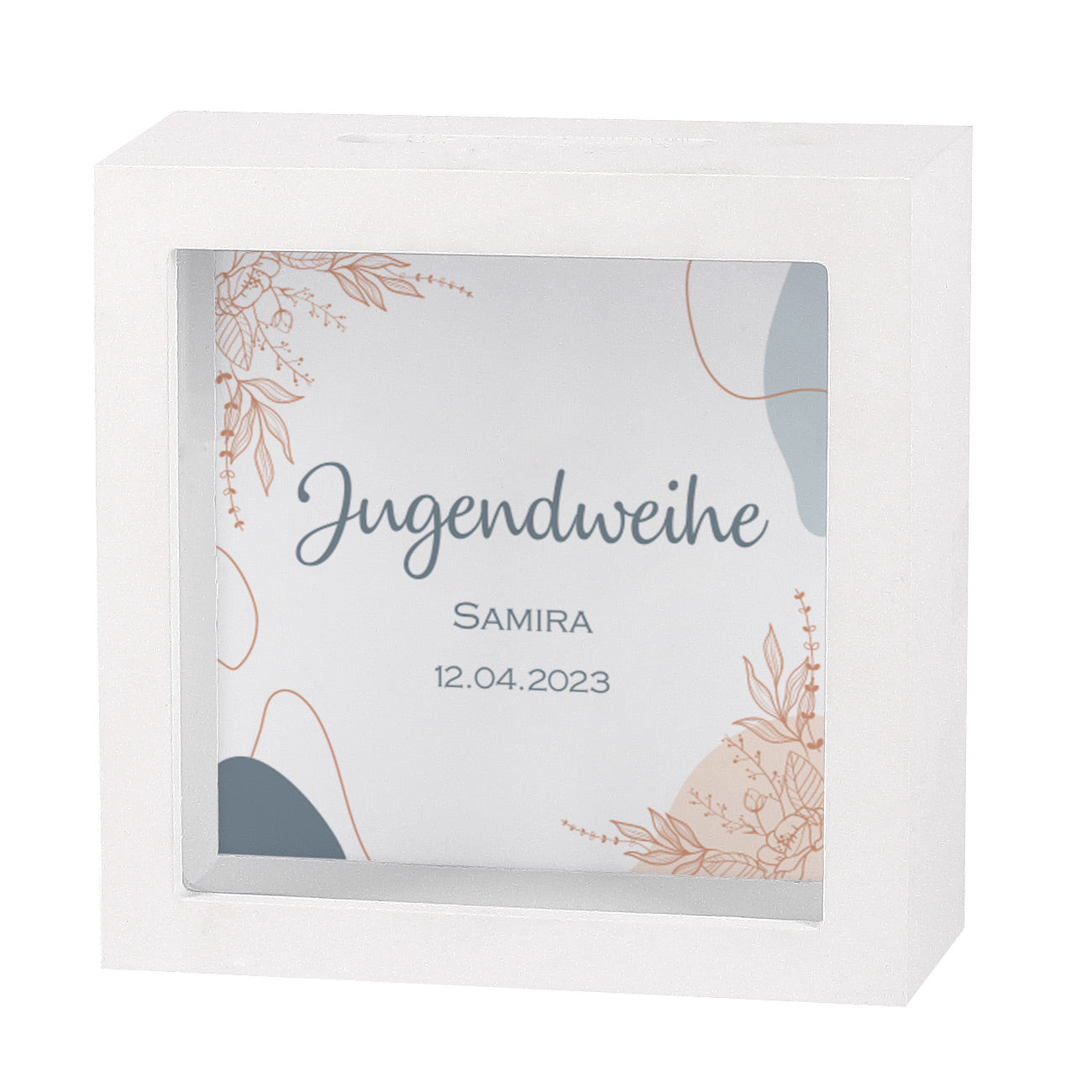 Spardose mit weißen Rahmen, dem Schriftzug "Jugendweihe", Name und Datum