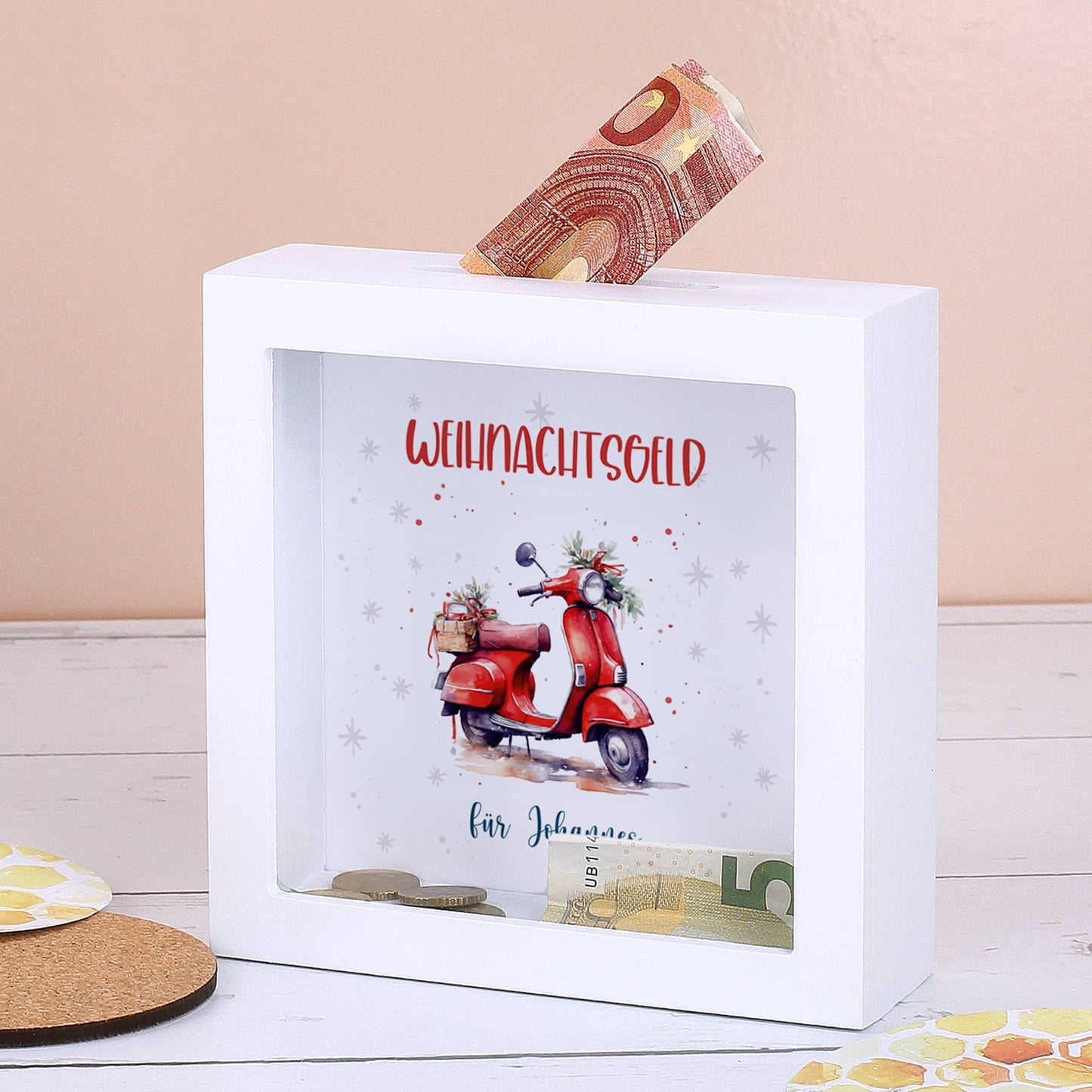 Santa`s Fuhrpark - weihnachtliche Bilderrahmenspardose mit Wunschtext