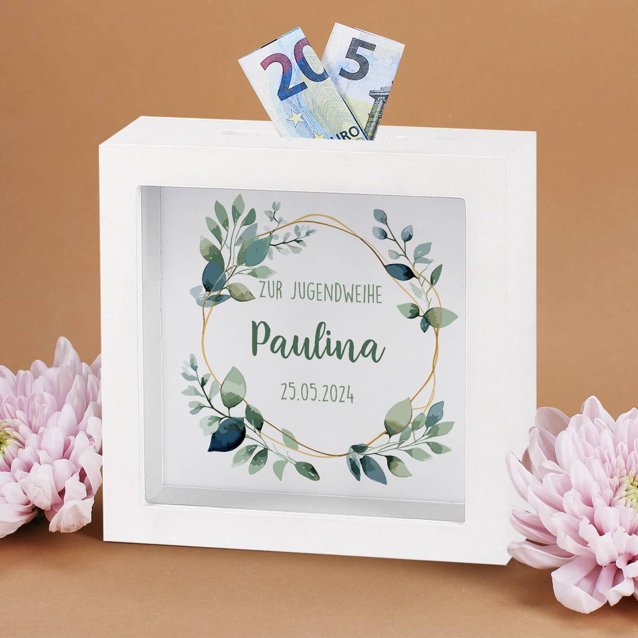 Personalisierte Bilderrahmenspardose mit Name & Datum
