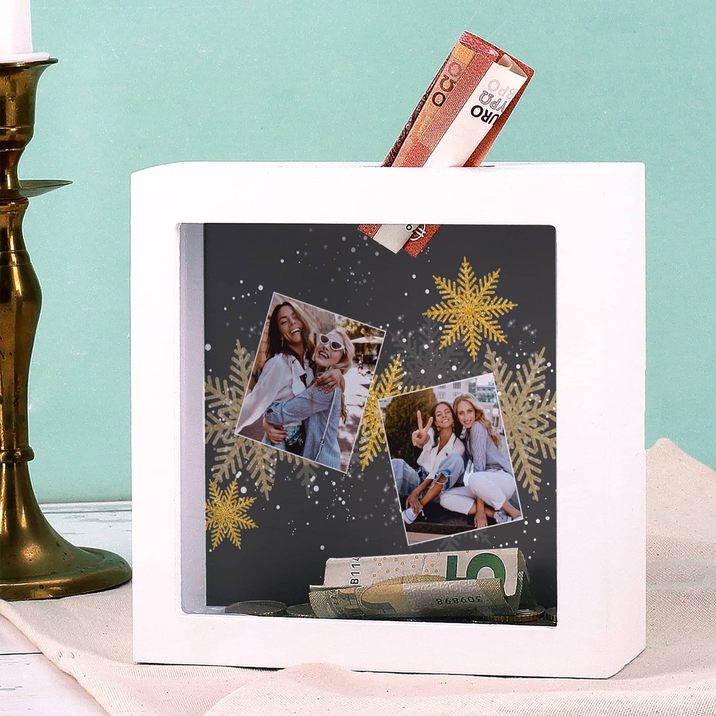 Bilderrahmenspardose zu Weihnachten mit  zwei Fotos