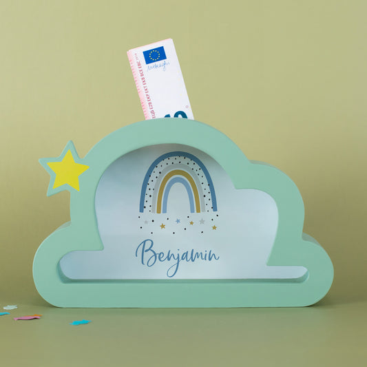 Spardose Wolke für Jungen mit Regenbogen und Name Benjamin, personalisierbar und dekorativ