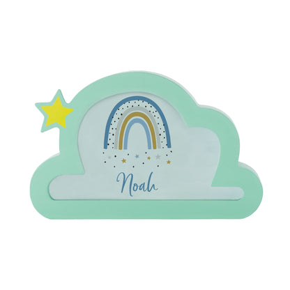 Spardose Wolke mit blauem Regenbogen und Name Noah, aus Holz, personalisierbar für Jungen