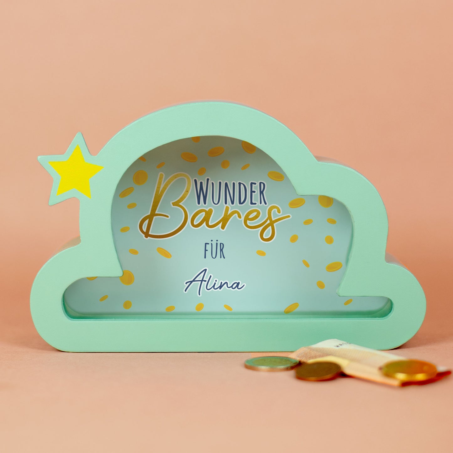 Spardose in Wolkenform mit gelbem Stern und Aufdruck „Wunder Bares für Alina“