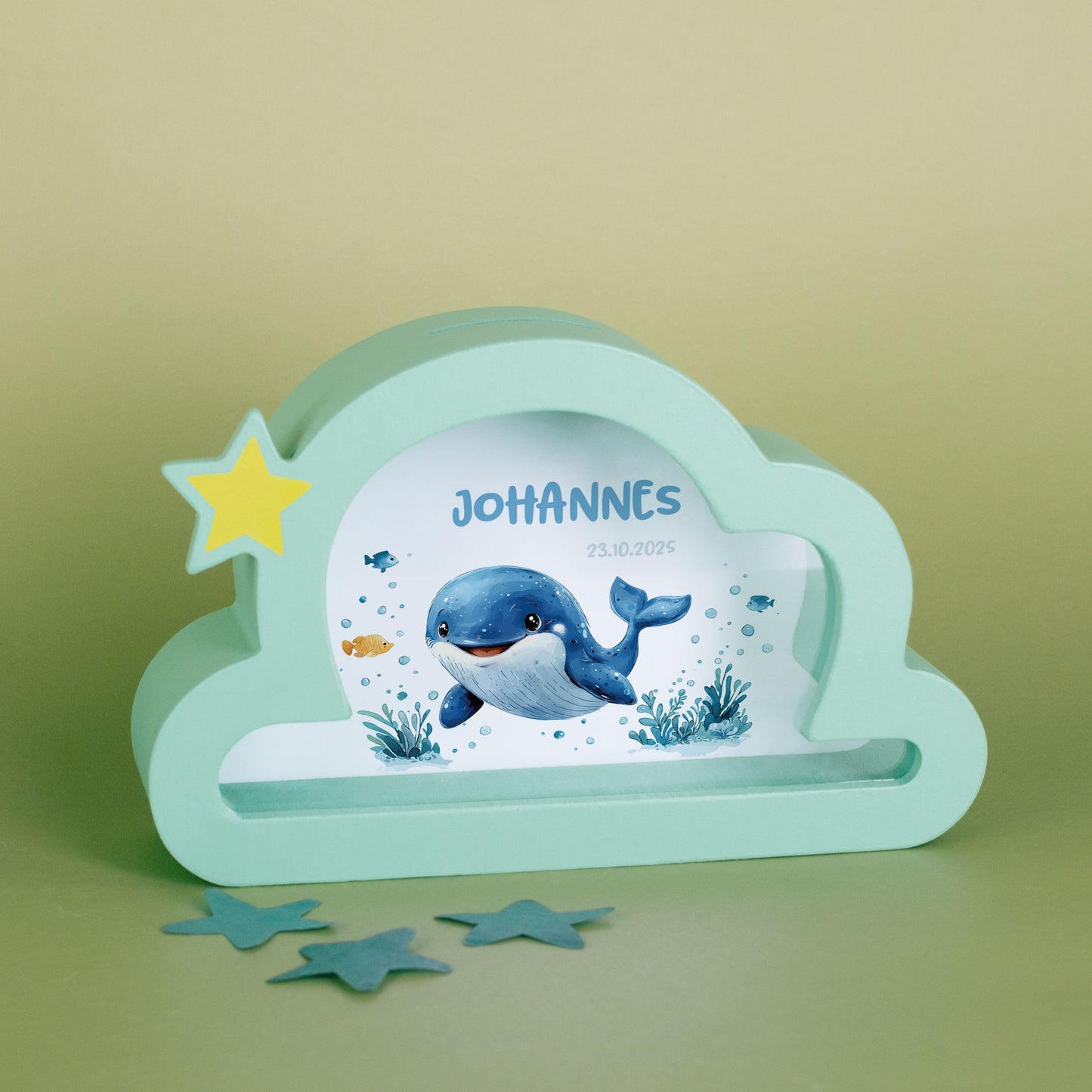 Spardose Wolke mit Wal und Name Johannes