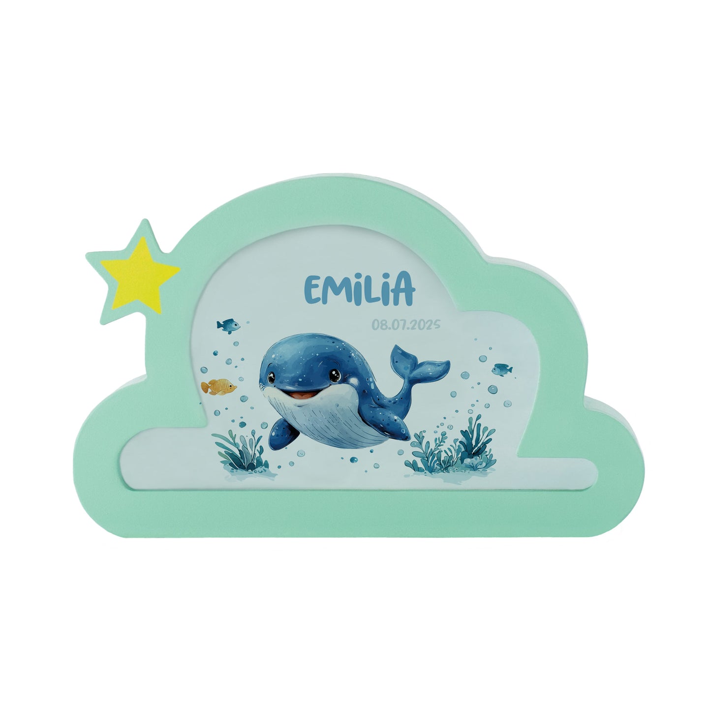 Spardose Wolke mit Wal und Name Emilia, Produktaufnahme