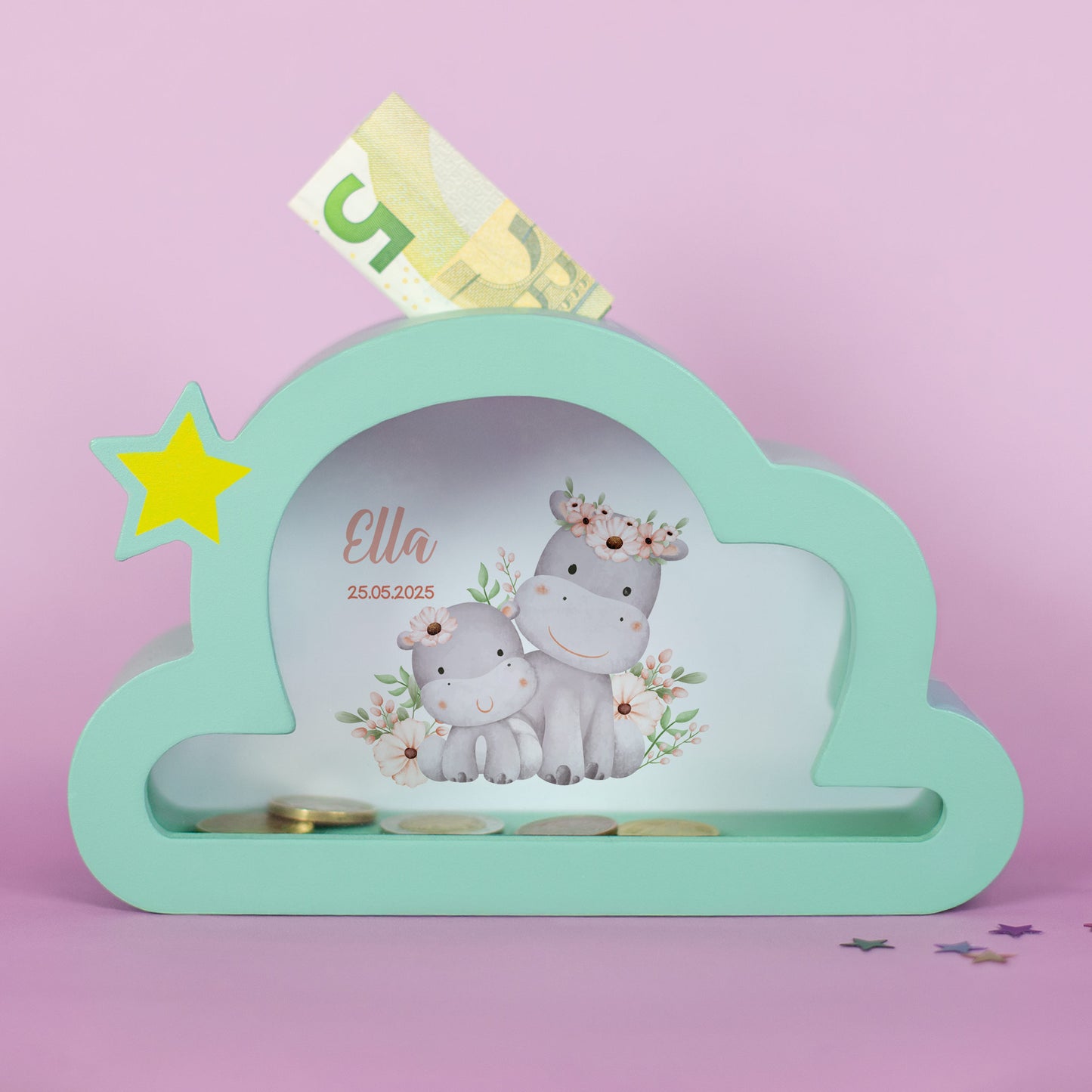 Spardose Wolke Hippofamilie personalisiert mit Name und Datum – Vorderansicht