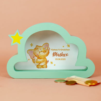 Spardose Elefant mit Name Matheo und Datum, mint