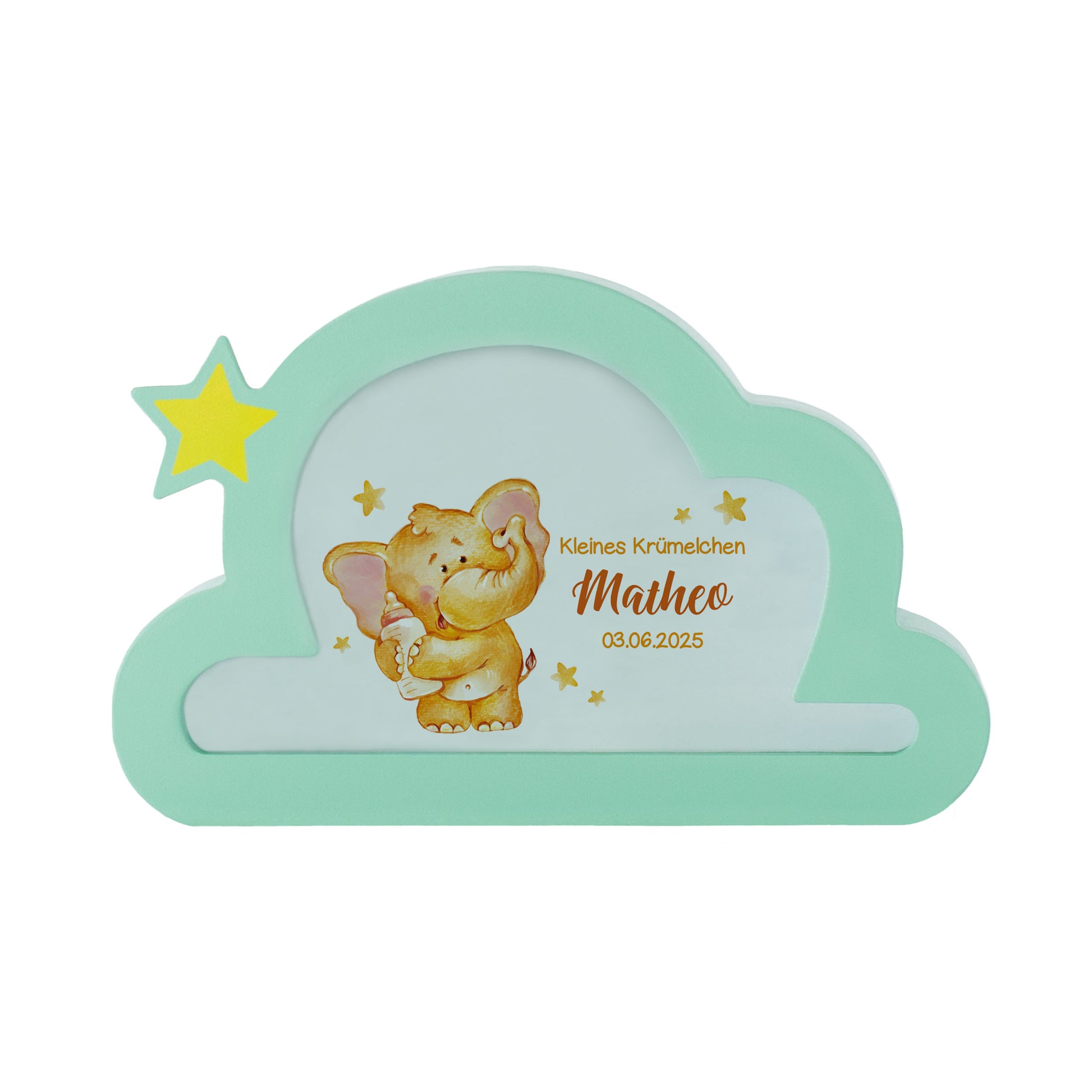 Spardose Elefant mit Name, Datum und gelbem Stern, mint