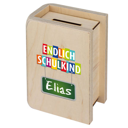 Endlich Schulkind - Holzspardose zur Einschulung mit Name