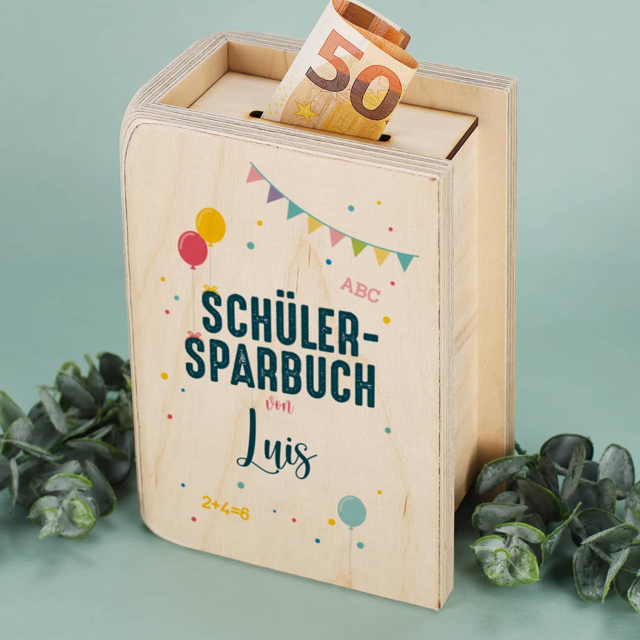 Geldgeschenk zum Schulanfang - Holzsparbuch in Buchform mit Name