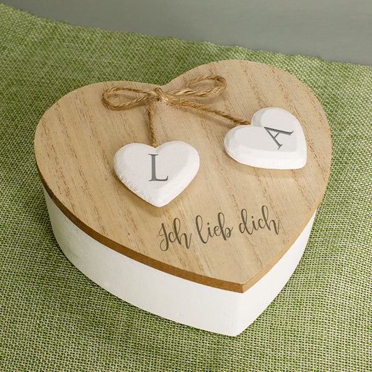 Personalisierte Herzdose aus Holz zur Hochzeit mit Wunschtext und Initialen