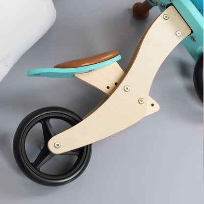 Türkises Laufrad-Trike aus Holz 2-in-1 mit Namensaufdruck