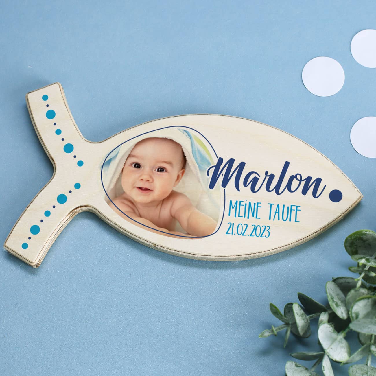 Holzfisch in blau mit Foto, Name und Wunschtext