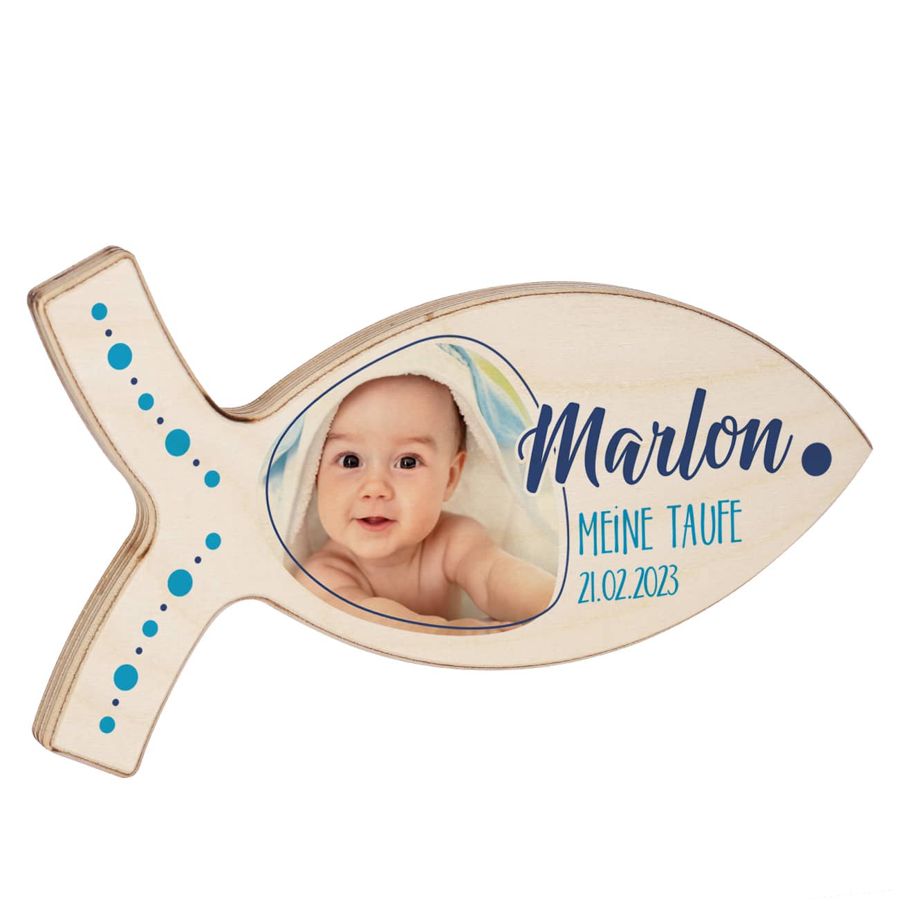 Persönlicher Fisch aus Holz mit Foto, Name und Wunschtext in blau